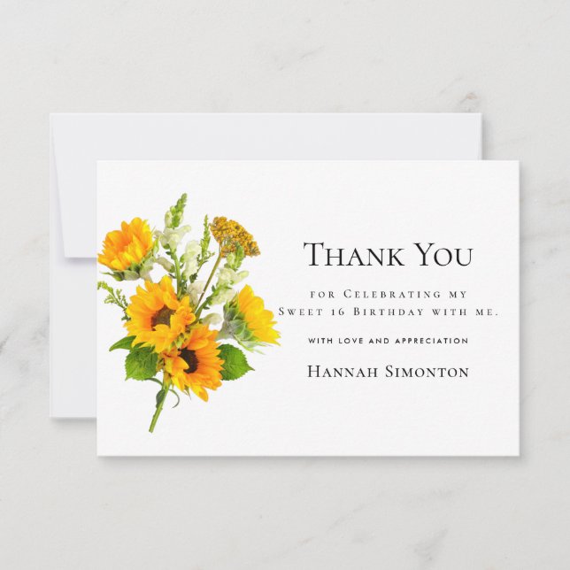 Sweet 16 Sunflower Bouquet Personalised Thank You Card (Front)