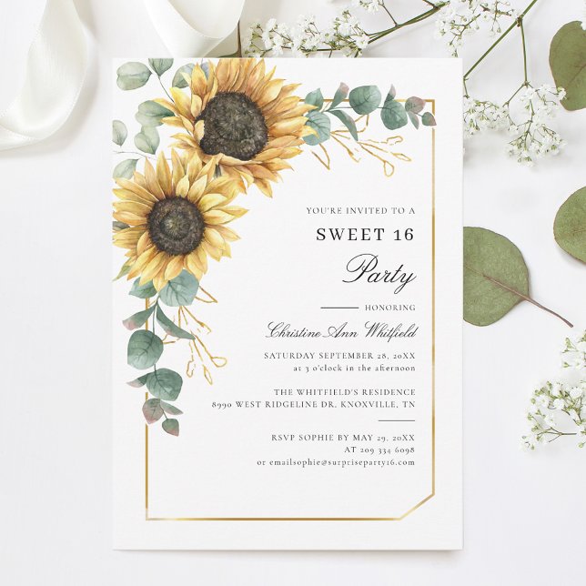 Sweet 16 Sunflower Eucalyptus Birthday Party Invitation (Sweet Sixteen Sunflower Floral Eucalyptus 16th Birthday Party Invitation)