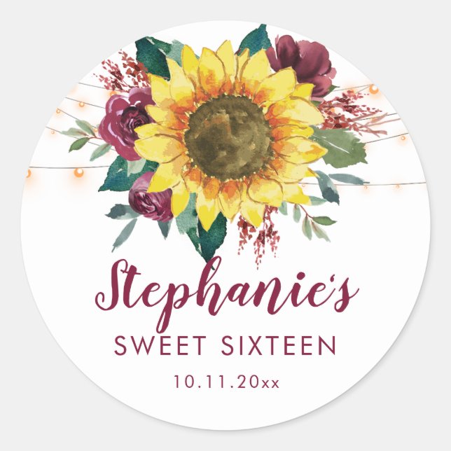 Sweet 16 Sunflower Lights Floral Birthday Classic Round Sticker (Front)