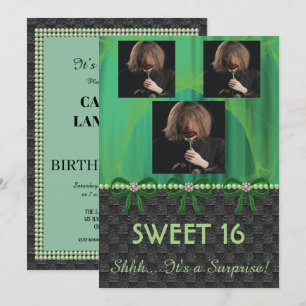 Sweet 16 Surprise Party Green Silk & Pearls & phot Invitation