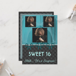 Sweet 16 Surprise Party Teal Blue Silk & Pearls & Invitation