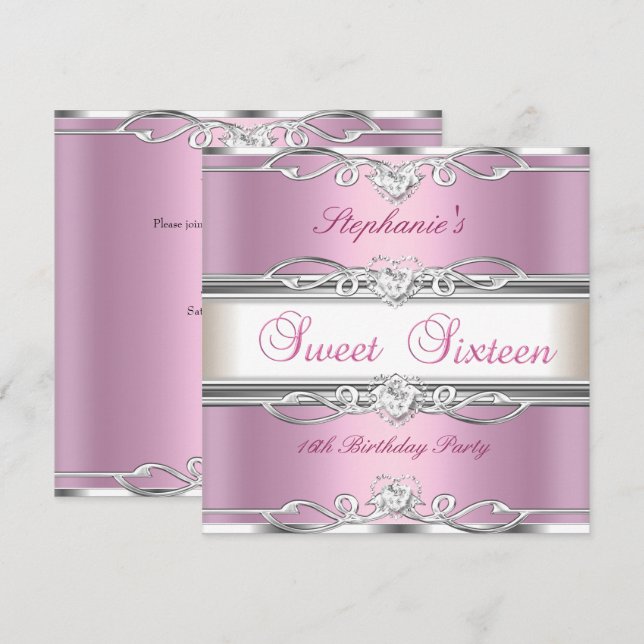 Sweet 16 sweet Sixteen Birthday Party Pink Silver Invitation (Front/Back)