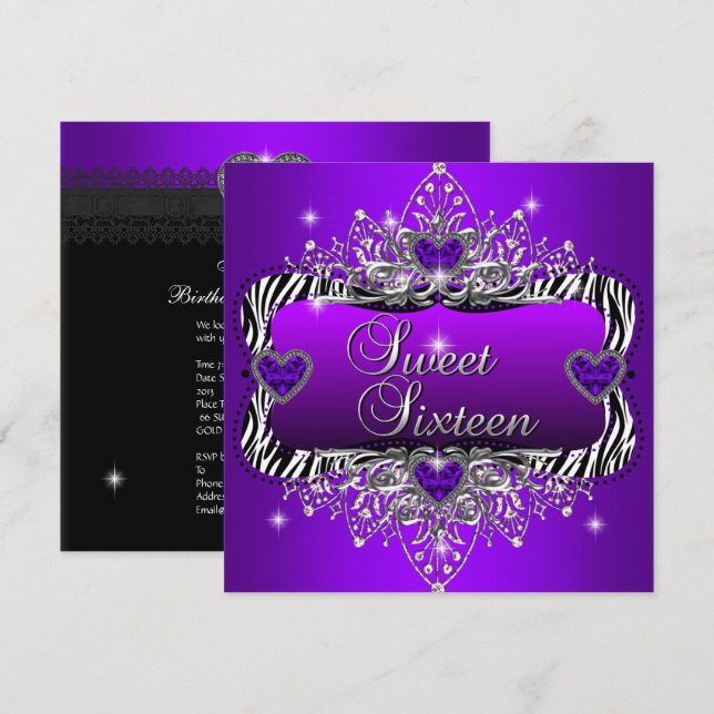 Sweet 16 Sweet Sixteen Birthday Party Purple Black Invitation (Front/Back)