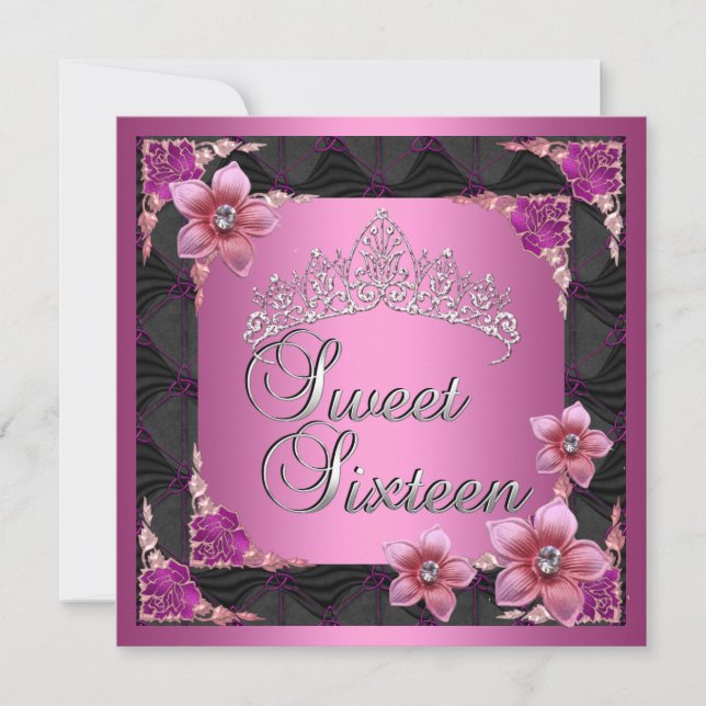 Sweet 16 Sweet Sixteen Birthday Pink Tiara Black Invitation (Front)