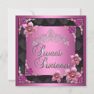 Sweet 16 Sweet Sixteen Birthday Pink Tiara Black Invitation