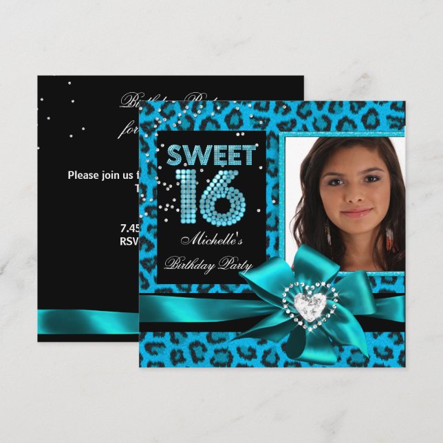 Sweet 16 Sweet Sixteen Blue Leopard Photo Invitation (Front/Back)