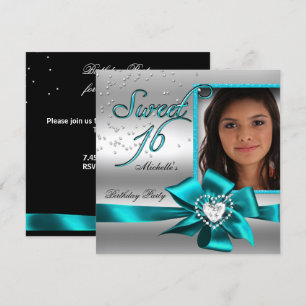 Sweet 16 Sweet Sixteen Blue Silver Photo Invitation