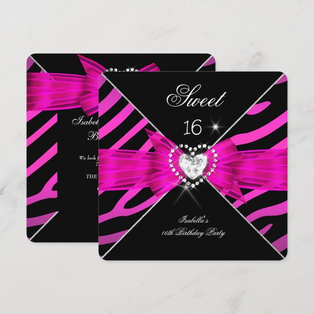 Sweet 16 Sweet Sixteen Hot Pink Black Zebra 2 Invitation (Front/Back)