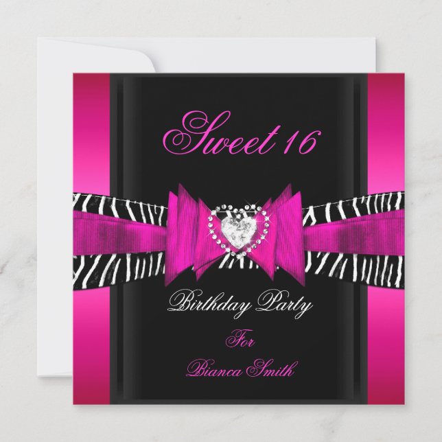 Sweet 16 Sweet Sixteen Hot Pink Black Zebra Invitation (Front)