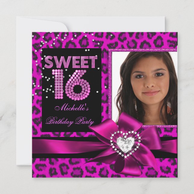 Sweet 16 Sweet Sixteen Hot Pink Leopard Photo Invitation (Front)