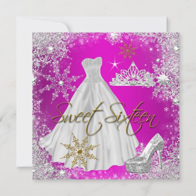 Sweet 16 Sweet Sixteen Hot Pink White Gold Invitation (Front)