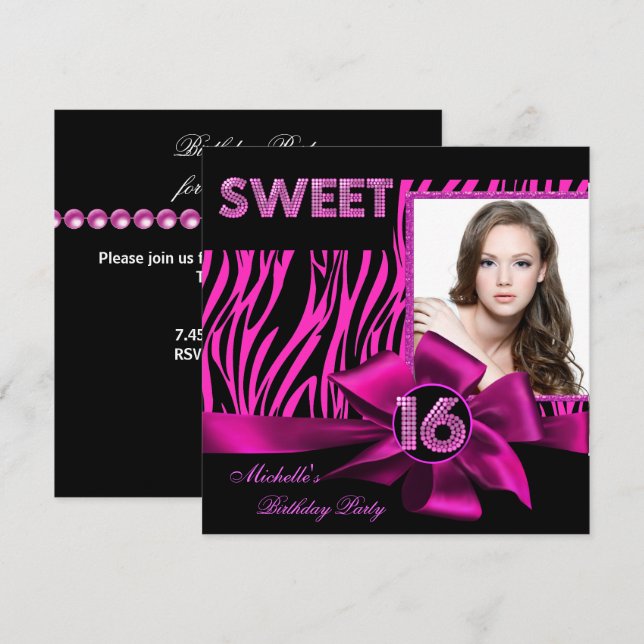 Sweet 16 Sweet Sixteen Hot Pink Zebra Photo Invitation (Front/Back)