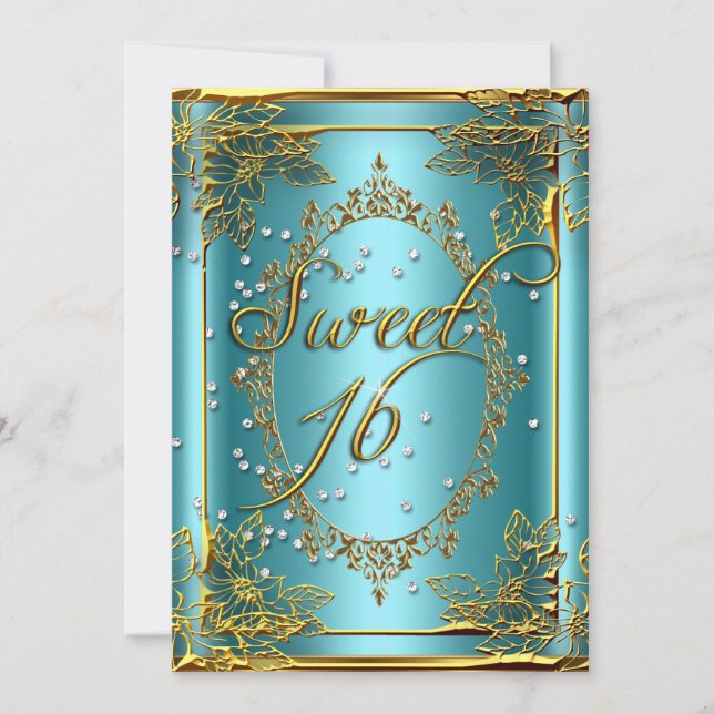 SWEET 16 Sweet Sixteen Party Gold Silver Teal Invitation (Front)