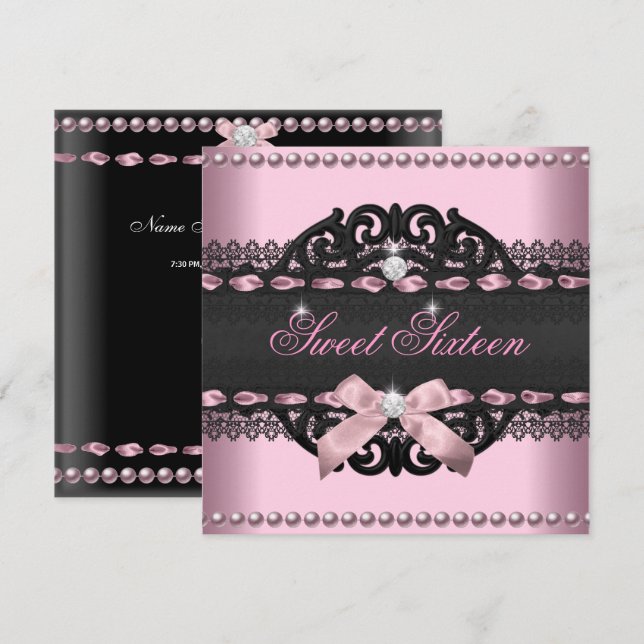 Sweet 16 Sweet Sixteen Pink Black Lace Bow Invitation (Front/Back)