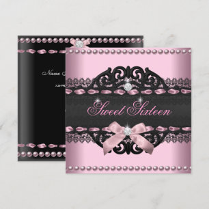 Sweet 16 Sweet Sixteen Pink Black Lace Bow Invitation