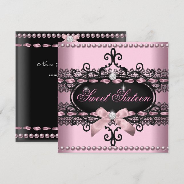 Sweet 16 Sweet Sixteen Pink Black Lace Pearl Invitation (Front/Back)