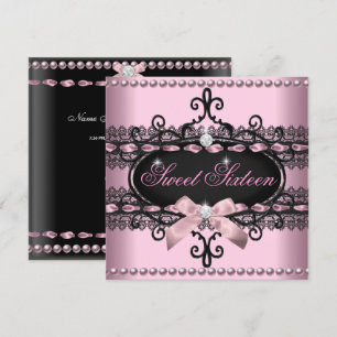 Sweet 16 Sweet Sixteen Pink Black Lace Pearl Invitation
