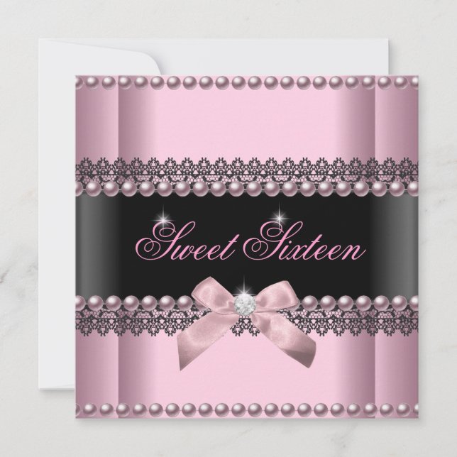 Sweet 16 Sweet Sixteen Pink Black Lace Pearl Invitation (Front)