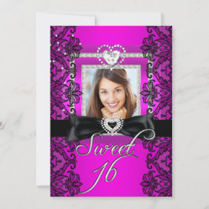 Sweet 16 Sweet Sixteen Pink Black Lace Photo Invitation
