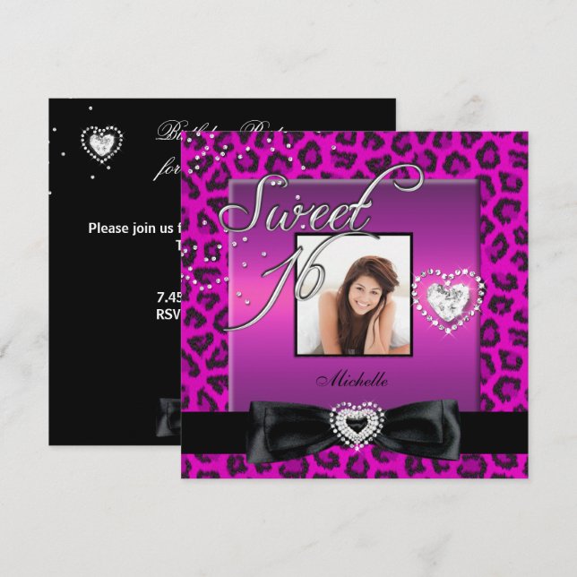 Sweet 16 Sweet Sixteen Pink Black Leopard Photo Invitation (Front/Back)