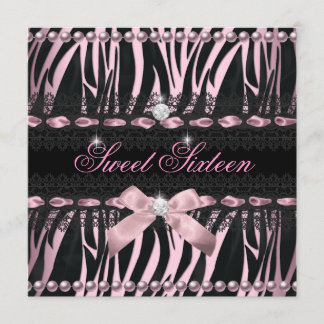 Sweet 16 Sweet Sixteen Pink Black Zebra Lace Invitation