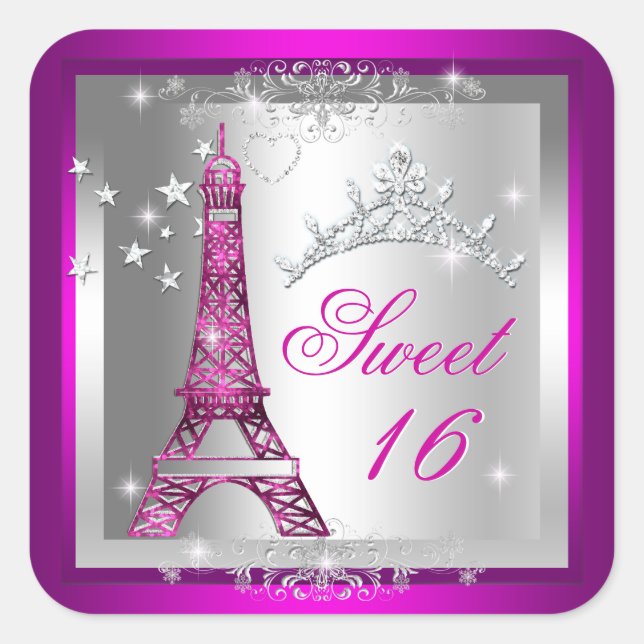 Sweet 16 Sweet Sixteen Pink Tiara Eiffel Tower Square Sticker (Front)