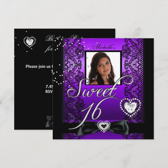 Sweet 16 Sweet Sixteen Purple Black Lace Photo Invitation (Front/Back)