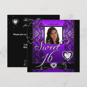 Sweet 16 Sweet Sixteen Purple Black Lace Photo Invitation
