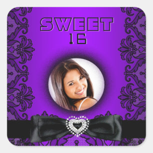 Sweet 16 Sweet Sixteen Purple Black Lace Photo Square Sticker
