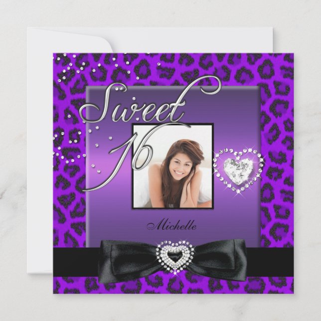 Sweet 16 Sweet Sixteen Purple Black Leopard Photo Invitation (Front)