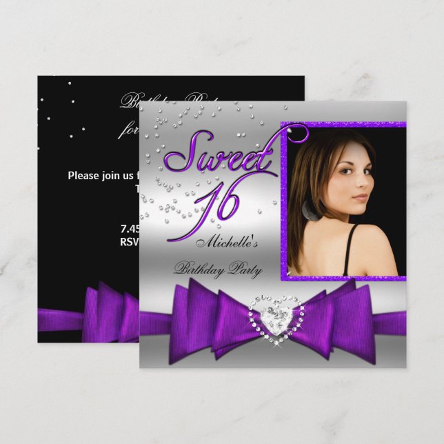Sweet 16 Sweet Sixteen Purple Silver Photo Invitation (Front/Back)