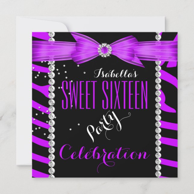 Sweet 16 Sweet Sixteen Purple Zebra Birthday Invitation (Front)