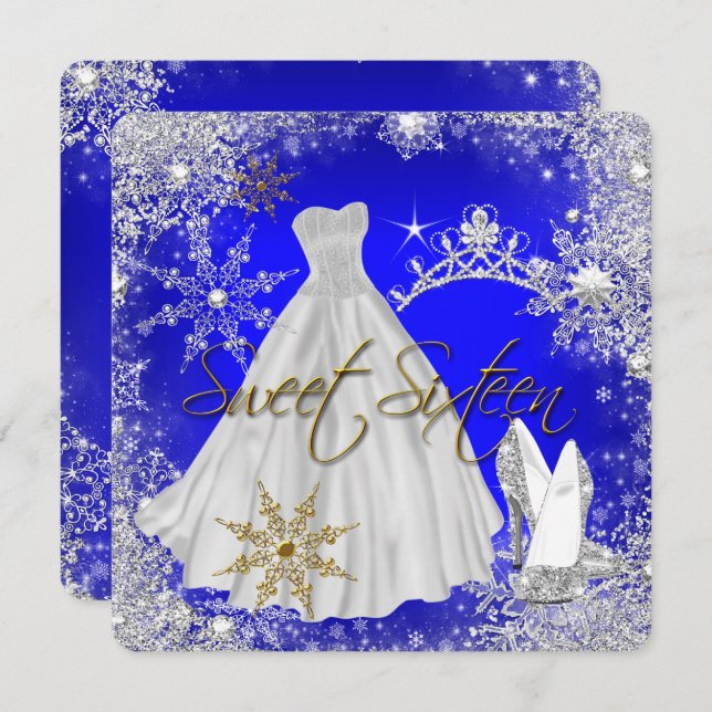Sweet 16 Sweet Sixteen Royal Blue White Snowflakes Invitation (Front/Back)