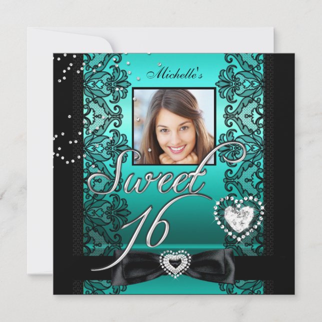 Sweet 16 Sweet Sixteen Teal Black Lace Photo Invitation (Front)