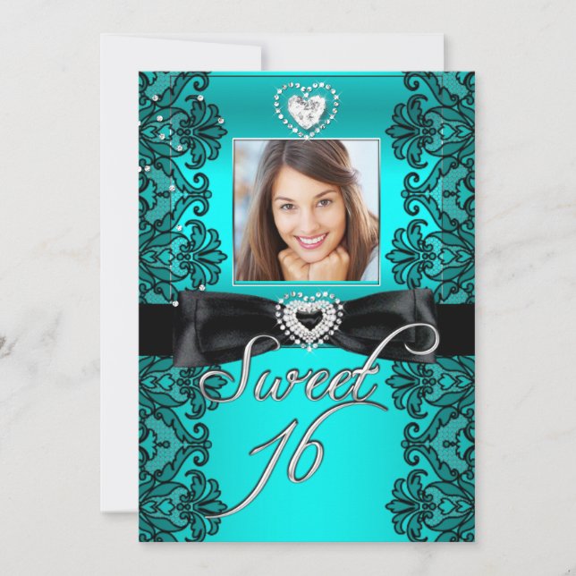 Sweet 16 Sweet Sixteen Teal Black Lace Photo Invitation (Front)
