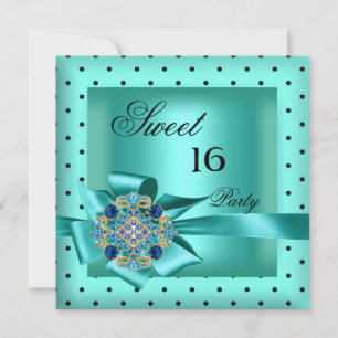 Sweet 16 Sweet Sixteen Teal Blue Black Polka Dot Invitation