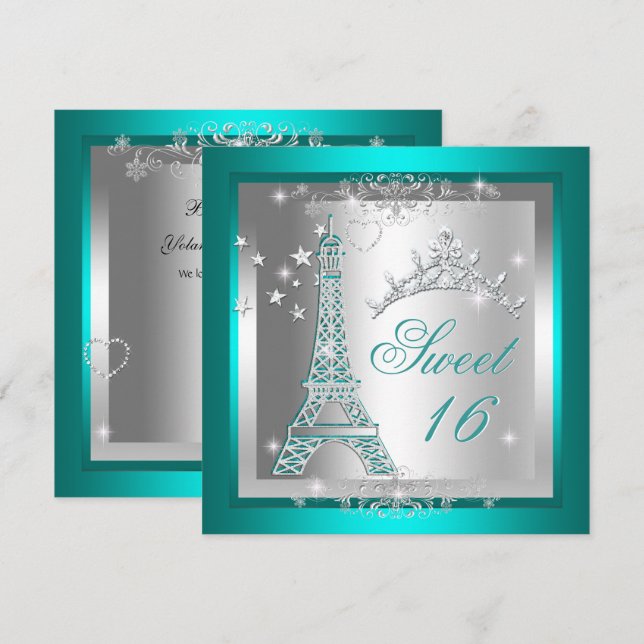 Sweet 16 Sweet Sixteen Teal Tiara Eiffel Tower Invitation (Front/Back)