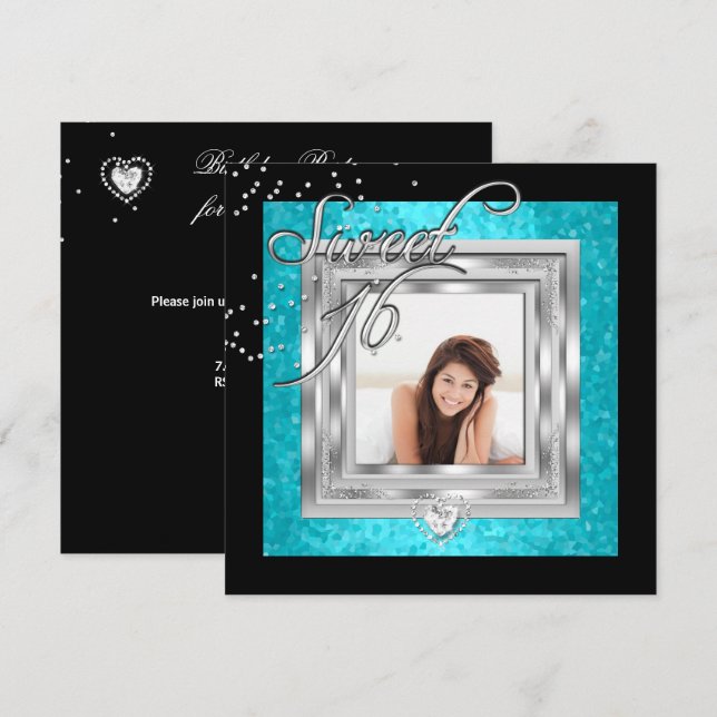 Sweet 16 Sweet Sixteen Turquoise Black Photo Invitation (Front/Back)