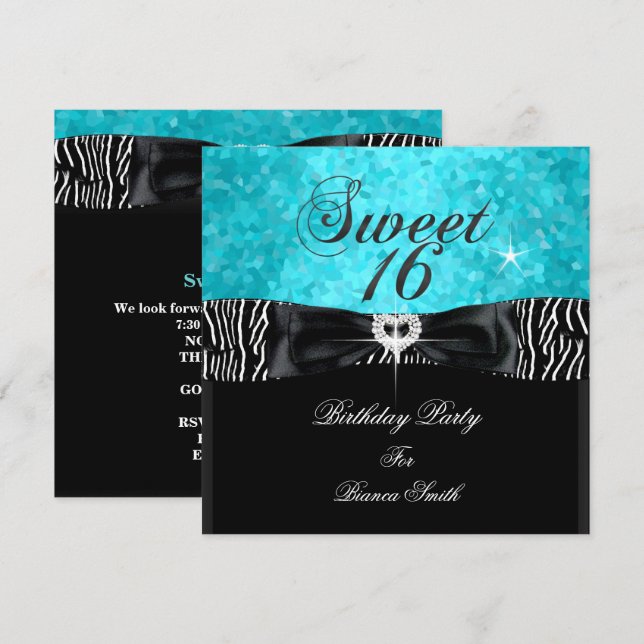 Sweet 16 Sweet Sixteen Turquoise Black Zebra Invitation (Front/Back)