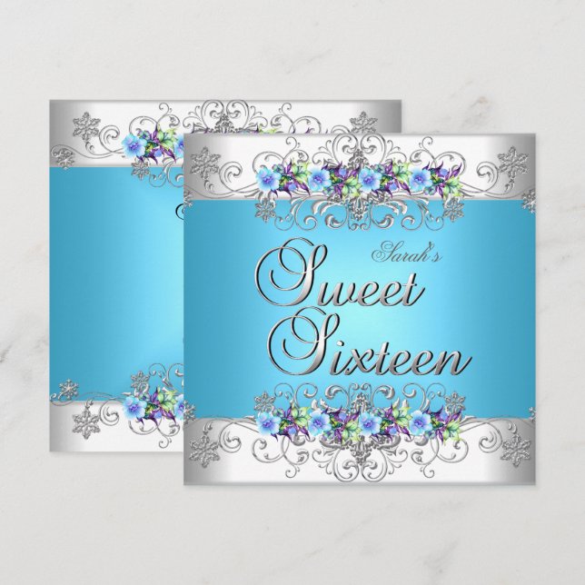 Sweet 16 Sweet Sixteen White Blue Purple Flowers Invitation (Front/Back)