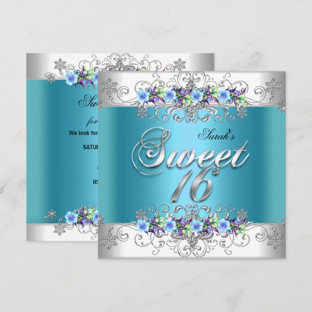 Sweet 16 Sweet Sixteen White Blue Purple Flowers Invitation (Front/Back)