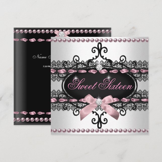 Sweet 16 Sweet Sixteen White Pink Black Lace Pearl Invitation (Front/Back)