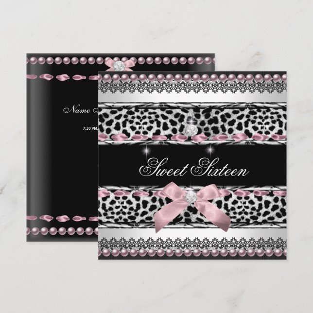 Sweet 16 Sweet Sixteen White Pink Black Leopard Invitation (Front/Back)