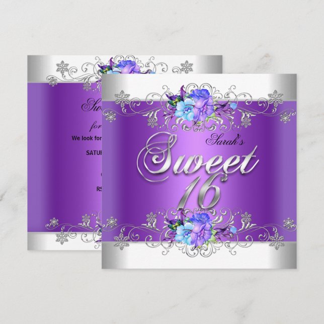 Sweet 16 Sweet Sixteen White Purple Flowers Invitation (Front/Back)