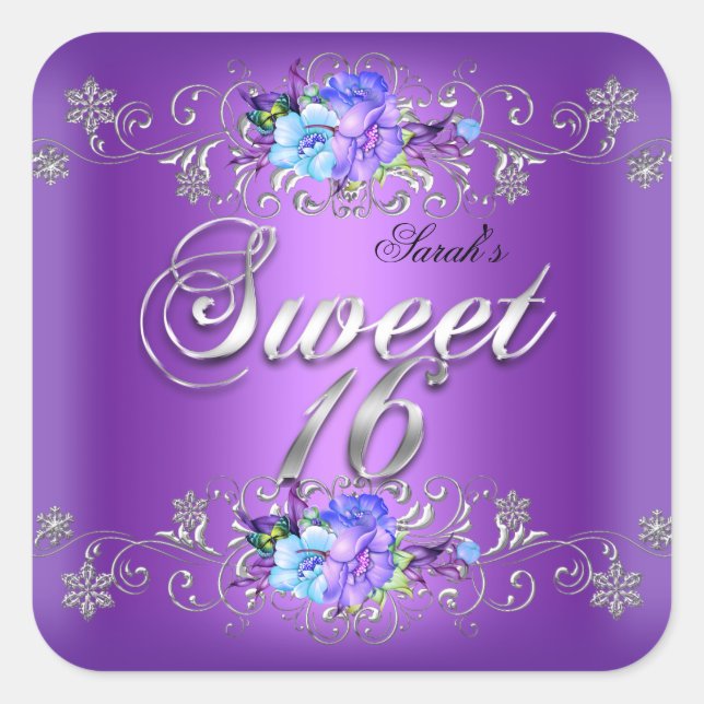 Sweet 16 Sweet Sixteen White Purple Flowers Square Sticker (Front)