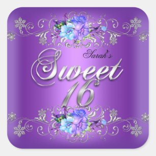 Sweet 16 Sweet Sixteen White Purple Flowers Square Sticker