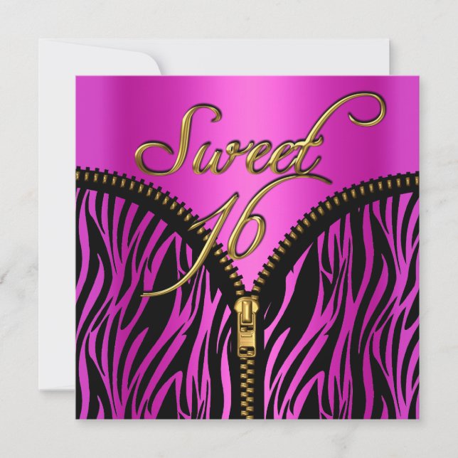 Sweet 16 Sweet Sixteen Zebra Hot Pink Gold Black Invitation (Front)