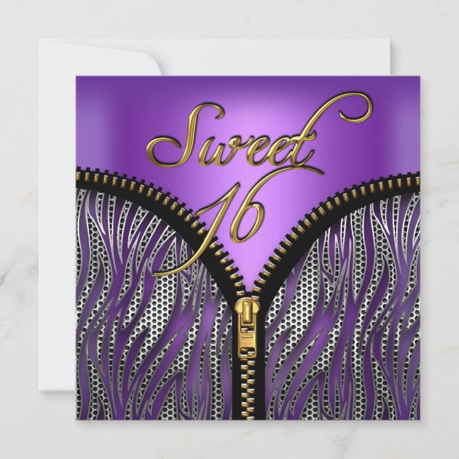 Sweet 16 Sweet Sixteen Zebra Purple Gold Black Invitation (Front)