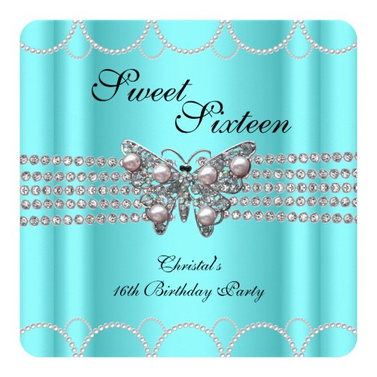 SWEET 16 Teal Blue Butterfly Pearl Birthday party Card