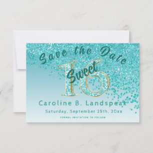 Sweet 16 Teal Blue Glitter, Chic Glitter Number 16 Save The Date